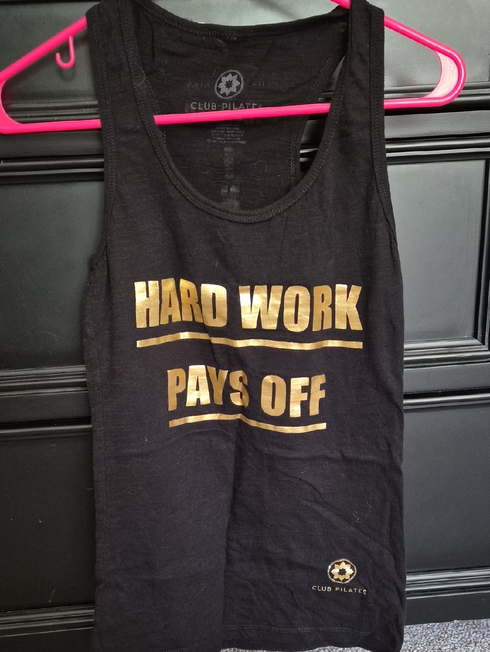 Club Pilates Women’s Black Tank Top with Gold 'Hard Work Pays Off' Print